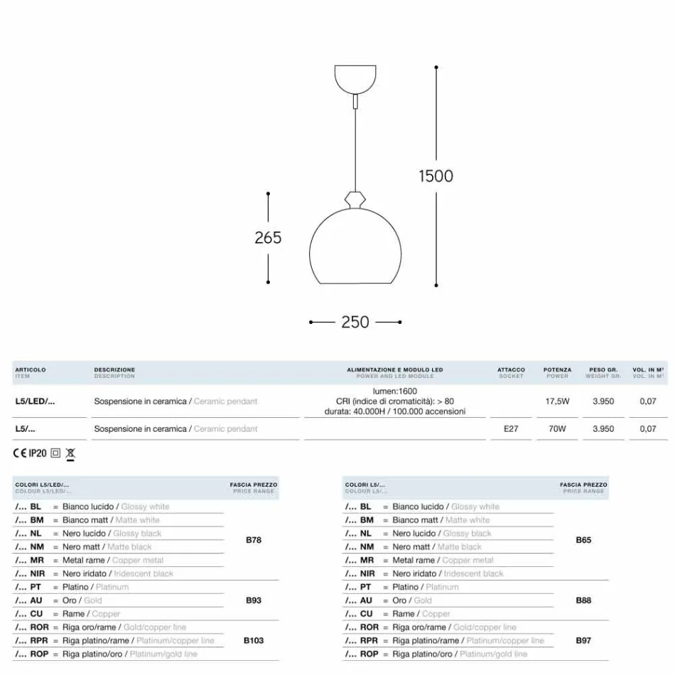 Die Pendelleuchte keramische Glasur, stieg auf zwei Ausgänge bei 90 ° Viadurini