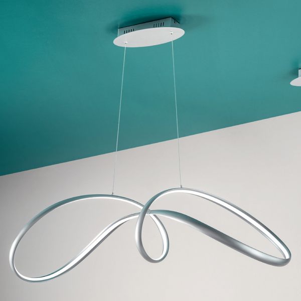 Led-pendelleuchte aus silberfarbenem metall, 2 größen modernes design - lumino