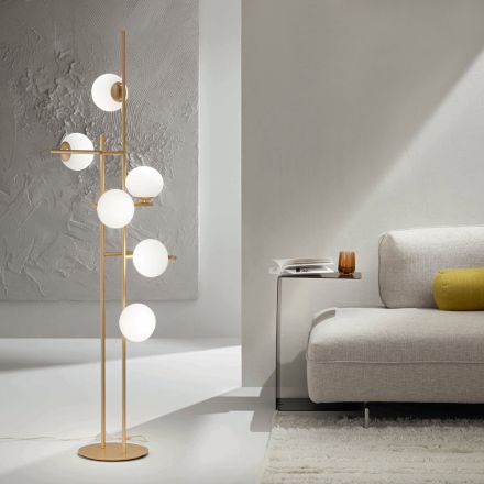 Stehlampe mit LED aus goldlackiertem Metall und mundgeblasenem Glas – Ailanto Viadurini