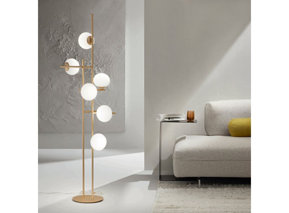 Stehlampe mit LED aus goldlackiertem Metall und mundgeblasenem Glas – Ailanto Viadurini