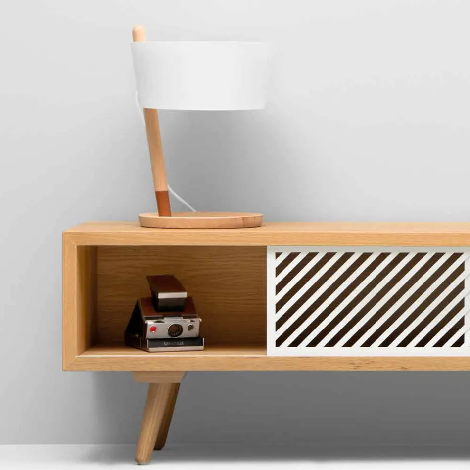 Tischleuchte aus Buche mit Details aus Metall und veganem Leder - Avetta Viadurini