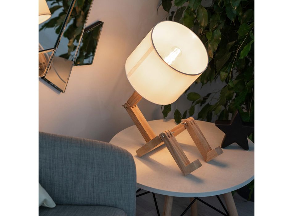 Tischlampe aus Naturholz mit Lampenschirm aus weißem - blauem Leinen Viadurini