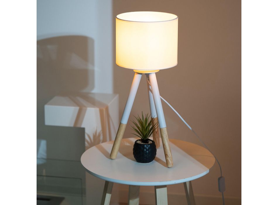Tischlampe aus weißem Segeltuch mit Metall- und Holzstruktur - Fiona Viadurini