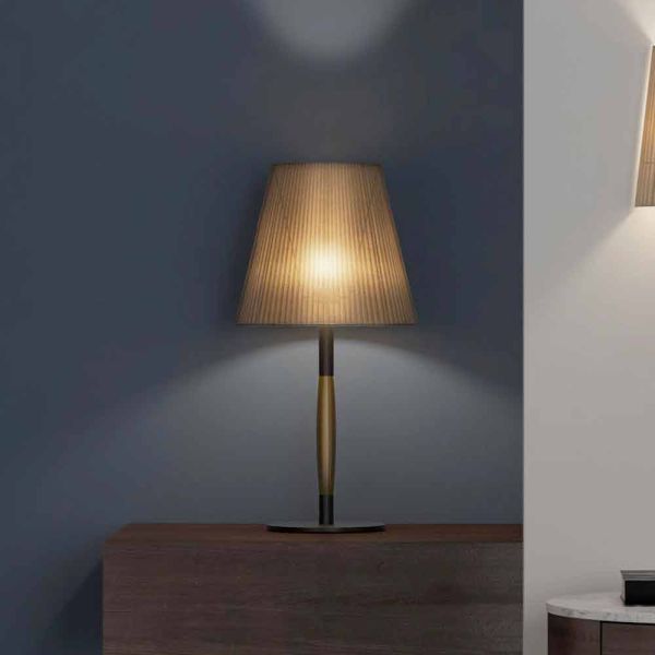 Moderne tischlampe aus metall, holz und organza made in italy - boom