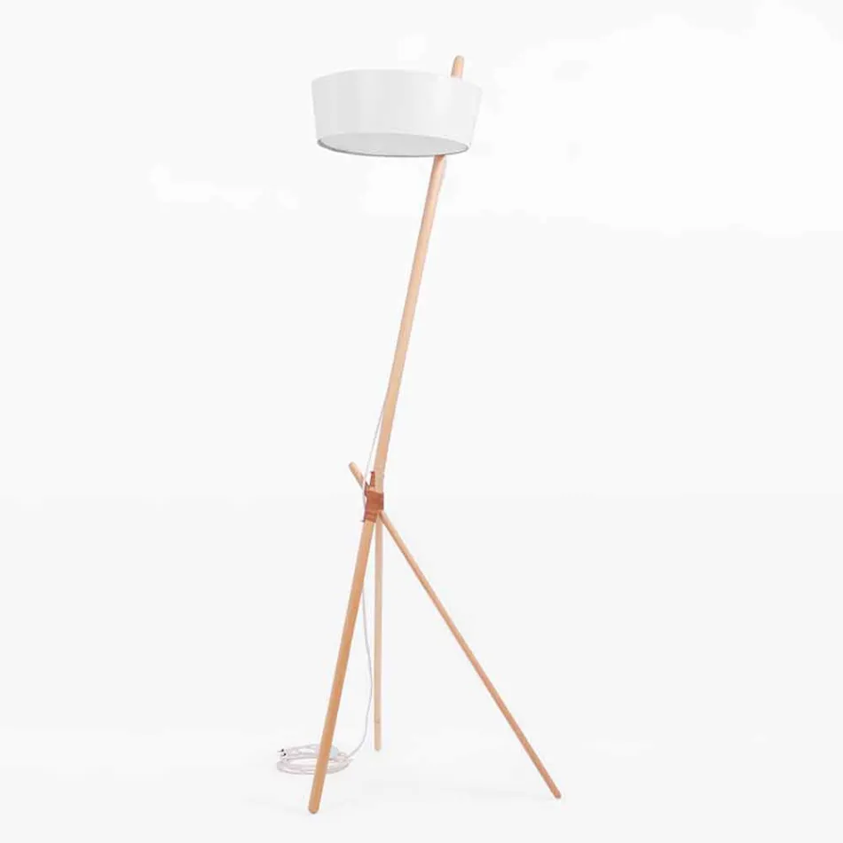 Stehlampe aus Holz und Metall mit Details aus veganem Leder - Avetta Viadurini