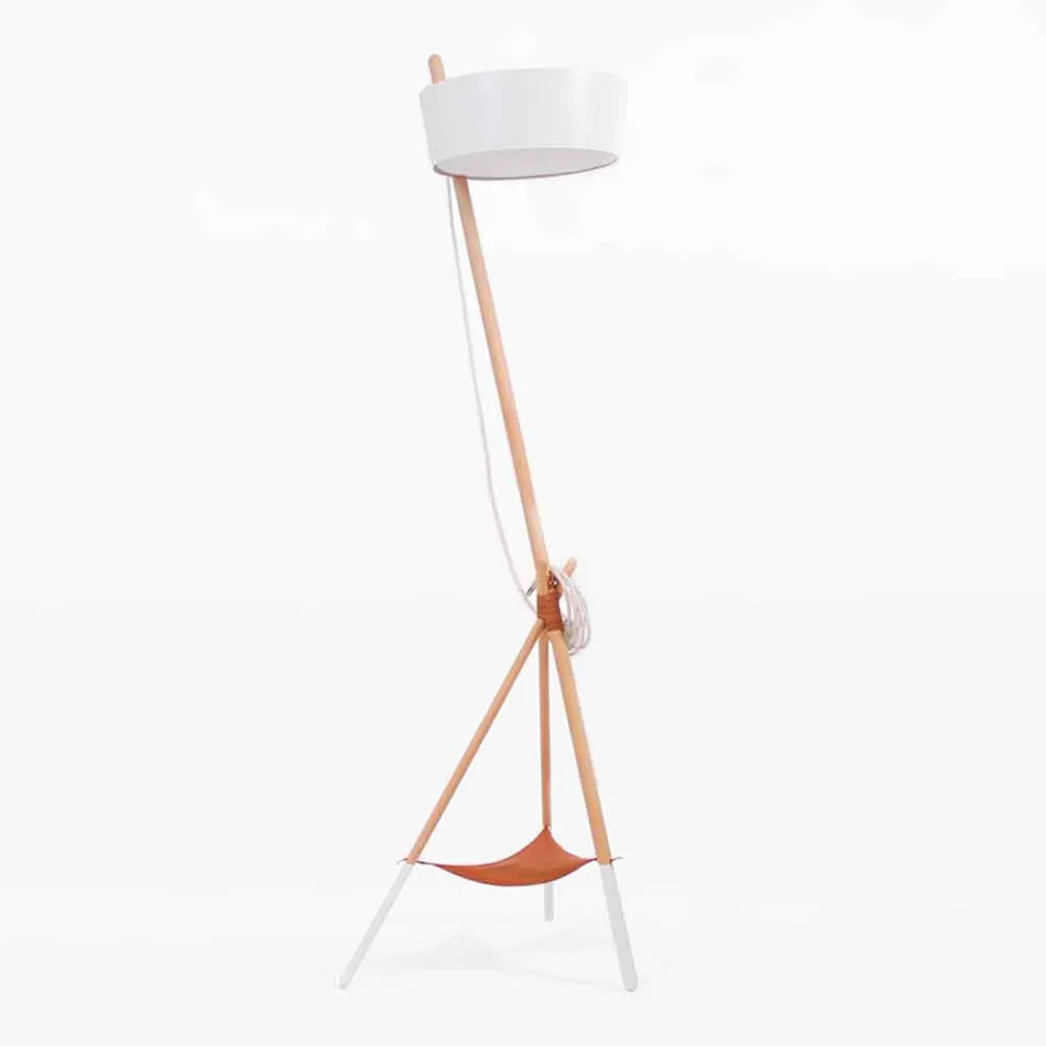 Stehlampe aus Holz und Metall mit Details aus veganem Leder - Avetta Viadurini