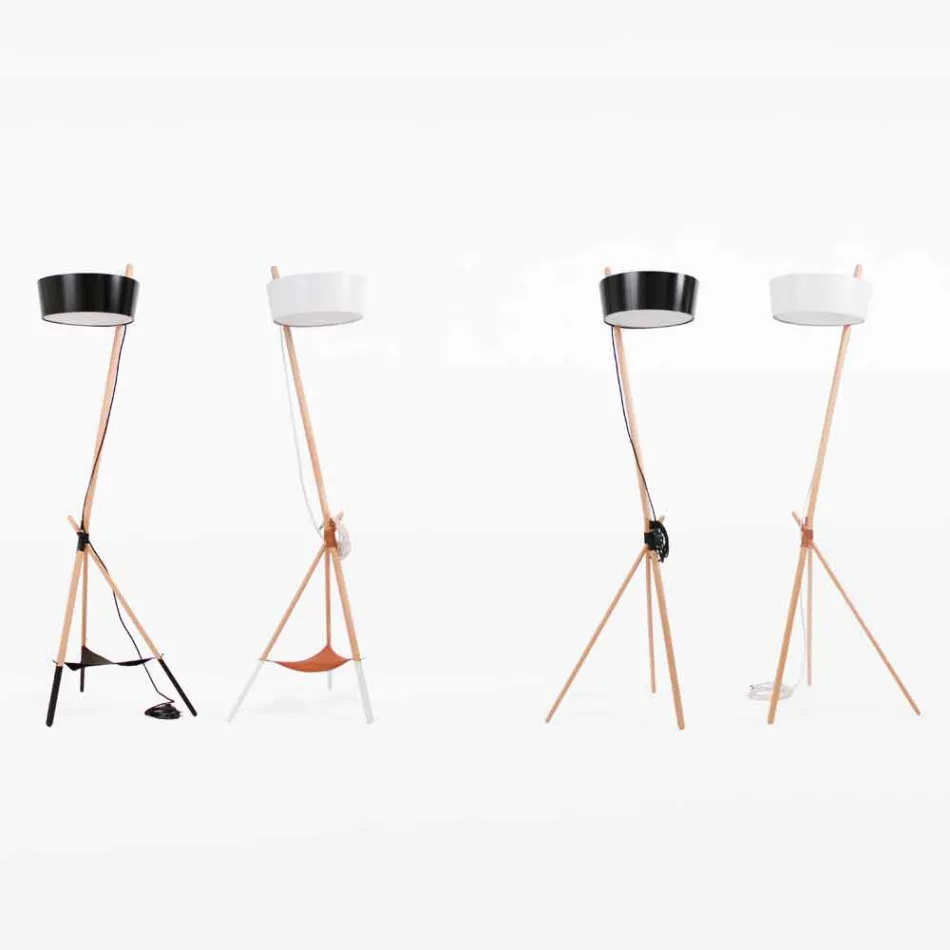 Stehlampe aus Holz und Metall mit Details aus veganem Leder - Avetta Viadurini