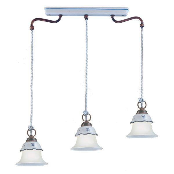 Vintage 3-licht-hängelampe aus eisen, glas und keramik - ferrara