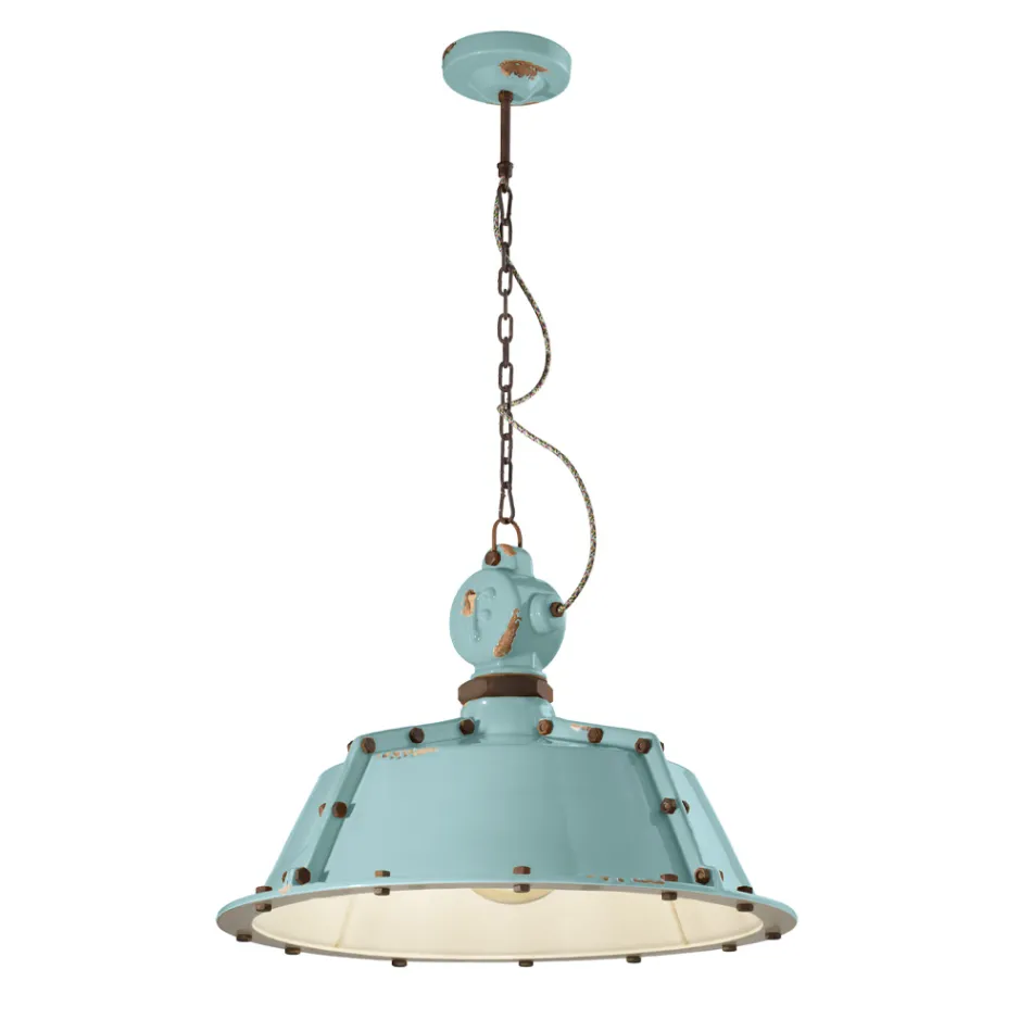 Industrielle handwerkliche Hängelampe aus Eisen und Keramik - Industriell Viadurini