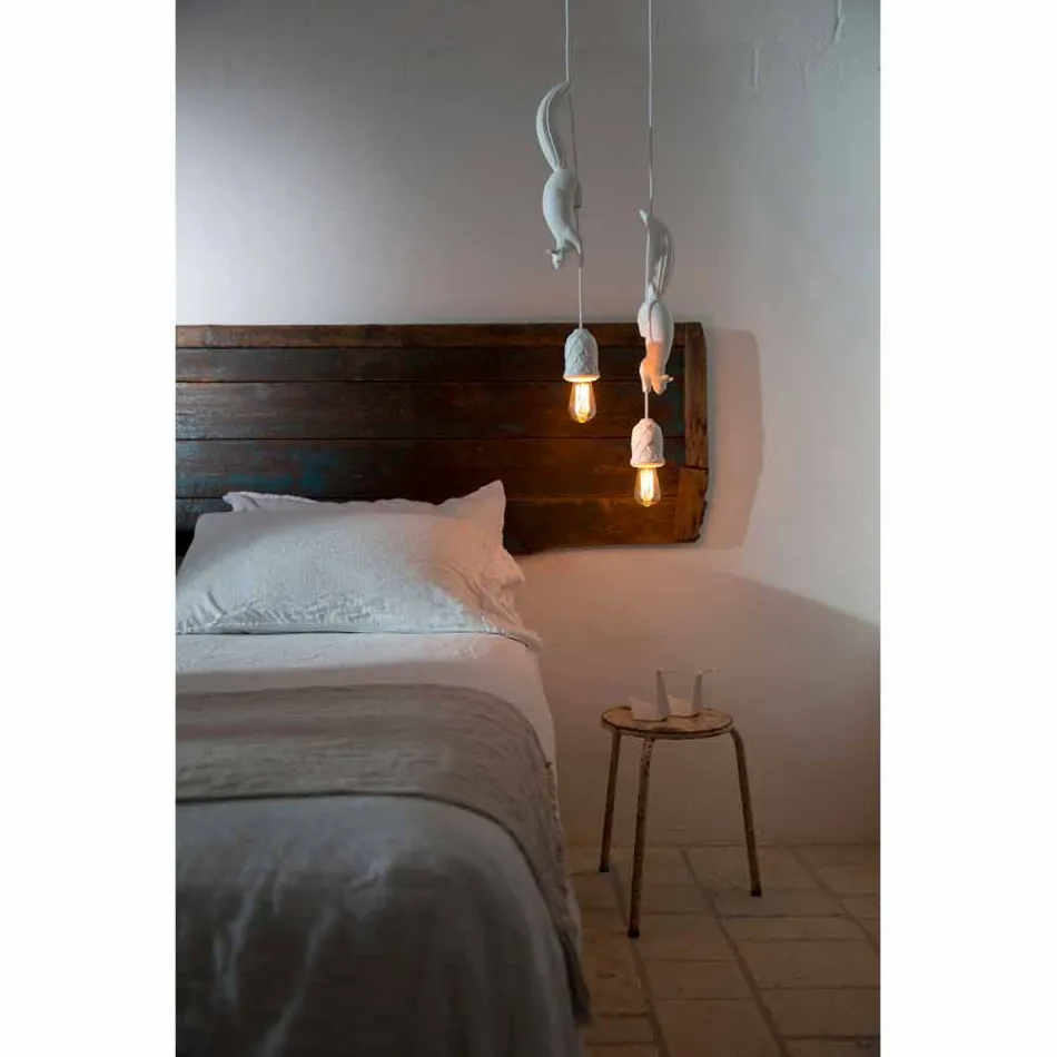 Hängelampe aus mattweißer Keramik mit Eichhörnchen und Eichel - Eichhörnchen Viadurini