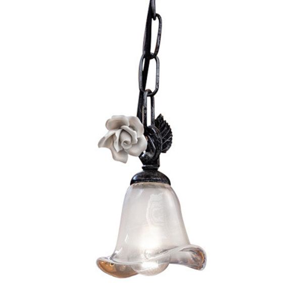 Hängelampe aus eisen und glas mit rose aus keramik - siena