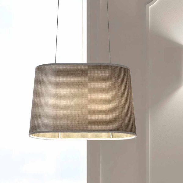 Hängende metalllampe mit netz- oder leinenlampenschirm made in italy - jump