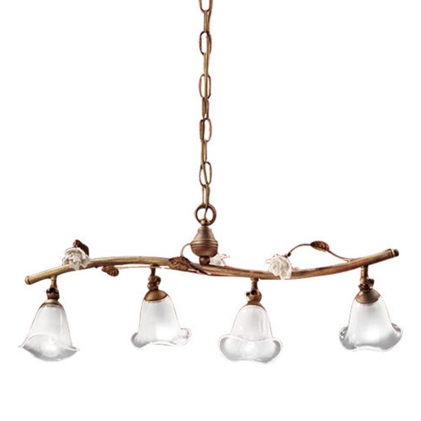 Lineare pendelleuchte 4 lichter aus eisen, glas und keramikrosen - siena