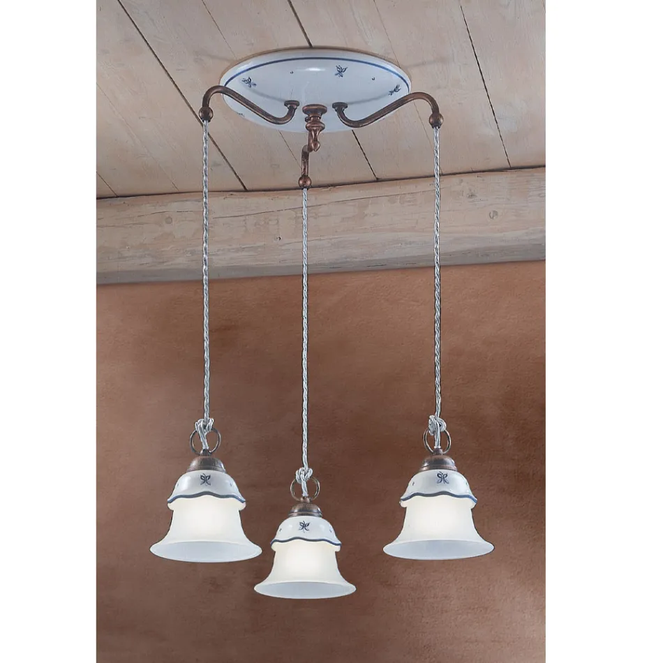 Runde Hängelampe aus Eisen, Glas, handbemalter Keramik - Ferrara Viadurini