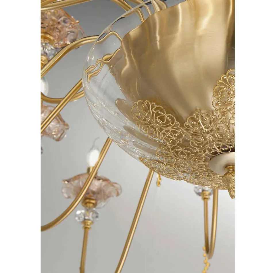 Klassischer Kronleuchter mit 12 Lichtern aus Glas, Kristall und Luxusmetall - Flandern Viadurini