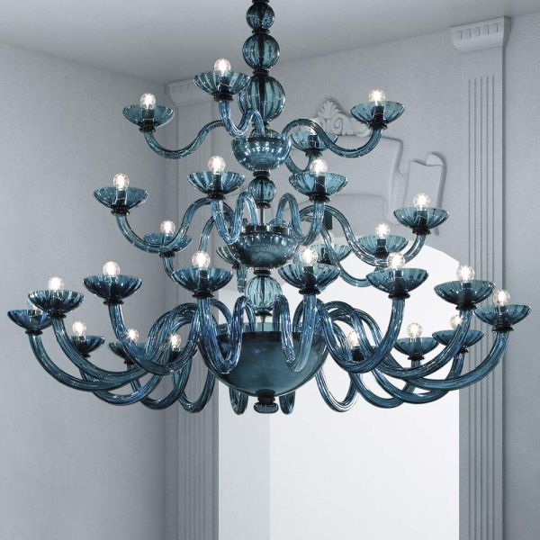 Handgefertigter kronleuchter 28 lichter aus blauem venezianischem glas und metall - foscarino