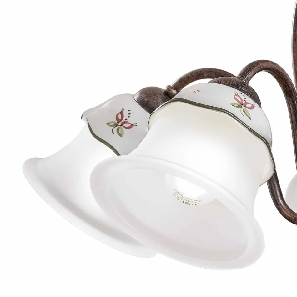 Kronleuchter mit 3 oder 5 Lichtern aus Eisen, handbemalter Keramik und Glas - Ferrara Viadurini