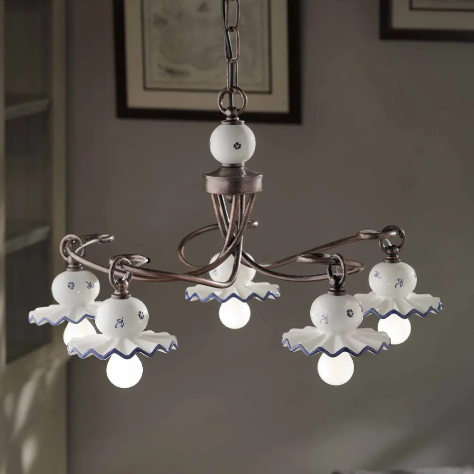 Country Kronleuchter mit 5 Lichtern aus handverzierter Keramik - Rom Viadurini