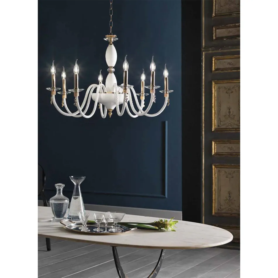 Klassischer Kronleuchter mit 8 Lichtern aus mundgeblasenem Glas und Handdetails - Phaedra Viadurini
