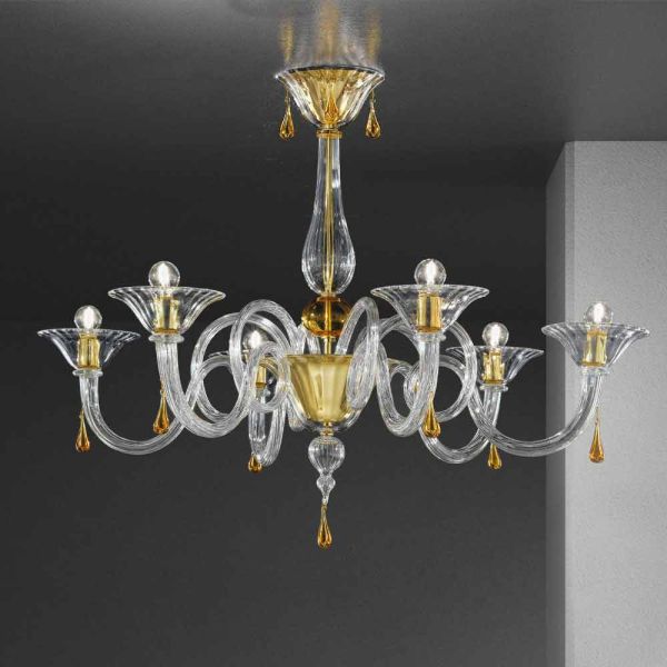 6 lichter venezianischer glas kronleuchter handgefertigt, made in italy - margherita