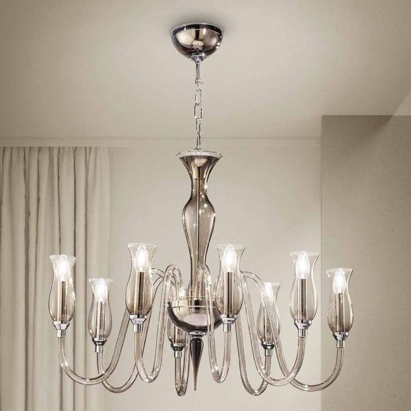 Artisan 8-flammiger kronleuchter aus venezianischem rauchglas made in italy - vittoria