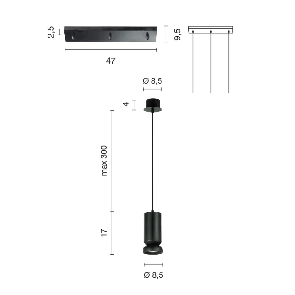 Kronleuchter mit 3 LEDs aus pulverbeschichtetem Aluminium und verstellbarem Kabel – Buxus Viadurini