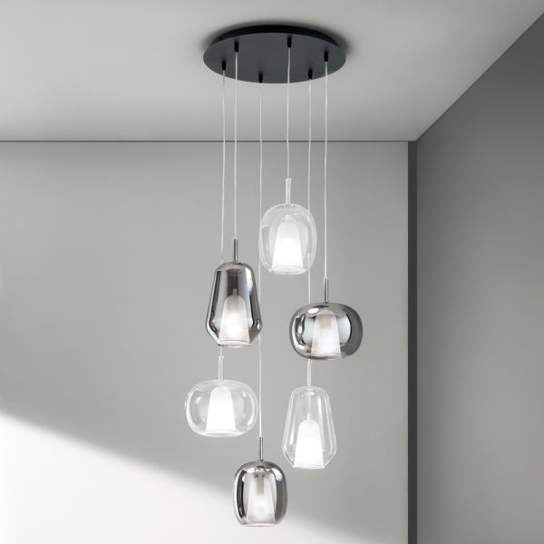 Kronleuchter mit 6 diffusoren aus geräuchertem und transparentem glas made in italy - trilly