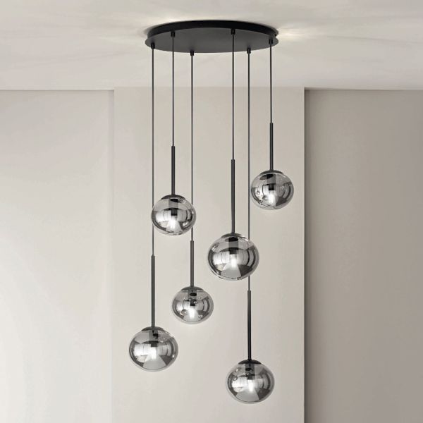 Kronleuchter mit 6 leds aus schwarz lackiertem metall und geblasenem glas – ailanto