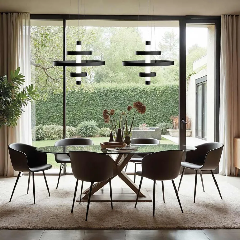 Kronleuchter mit Glaskörper und 3 Aluminiumkreisen - Clara Viadurini