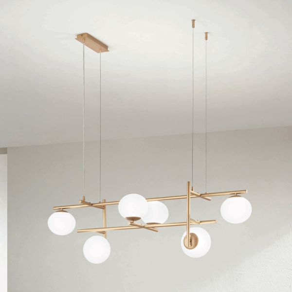 Kronleuchter mit led aus goldlackiertem metall und geblasenem glas - ailanto