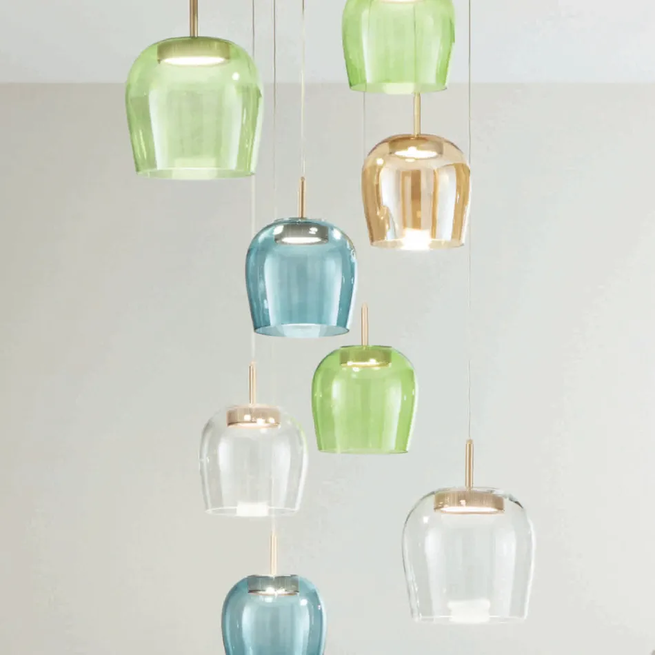 Kronleuchter aus goldlackiertem Metall mit LED-Licht und farbigem Glas – Hainbuche Viadurini