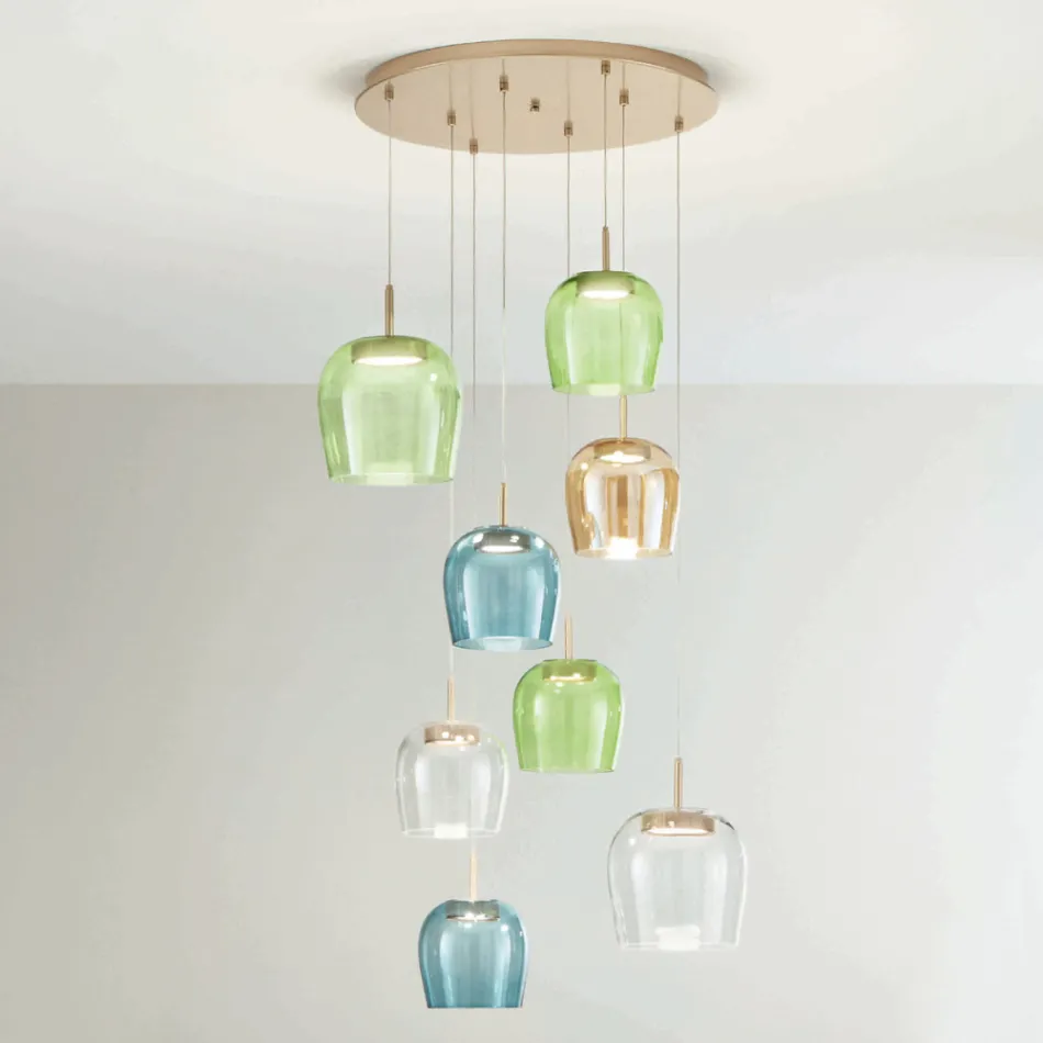 Kronleuchter aus goldlackiertem Metall und LED-Licht und farbigem Glas – Hainbuche Viadurini