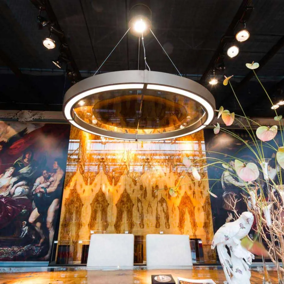 Moderner Kronleuchter aus Stahl und Glas mit Holzeinsatz Made in Italy - Seoul Viadurini