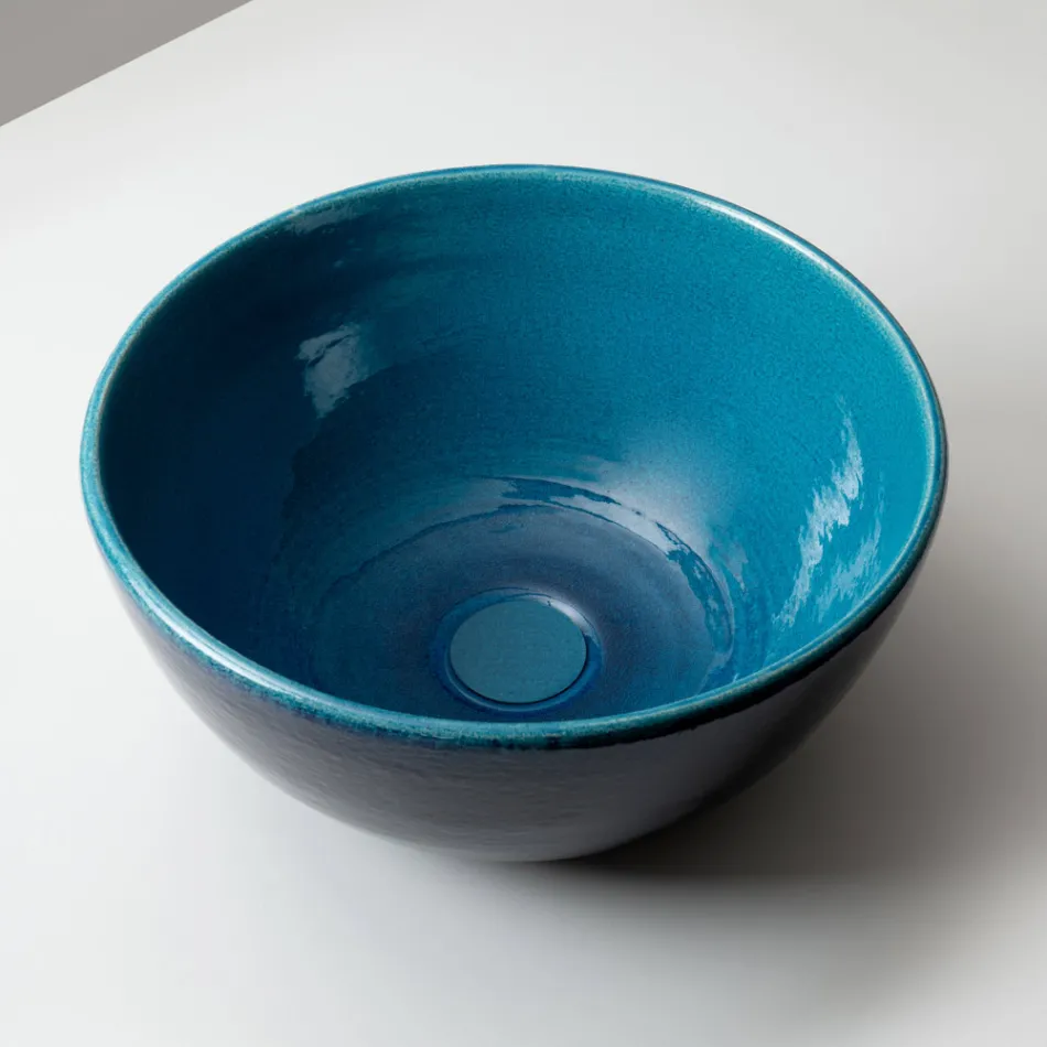 Raku-Ton-Waschbecken mit persischblauer Kristallglasur - Fresco Viadurini