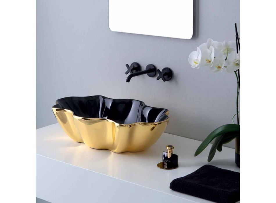 Modernes Aufsatzwaschbecken aus Gold und schwarzer Keramik aus italienischem Cubo Viadurini