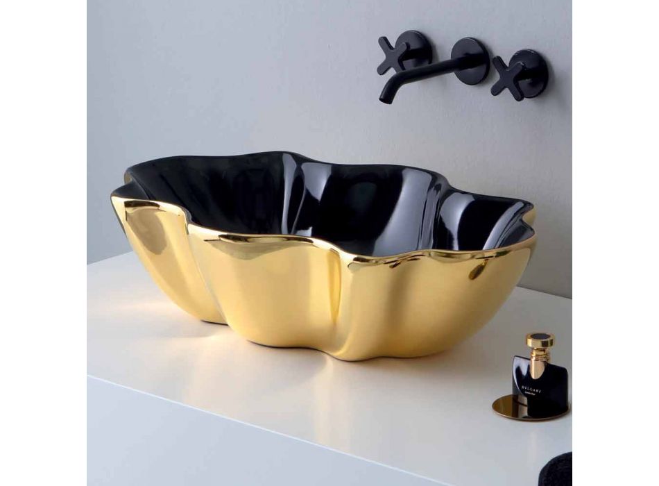 Modernes Aufsatzwaschbecken aus Gold und schwarzer Keramik aus italienischem Cubo