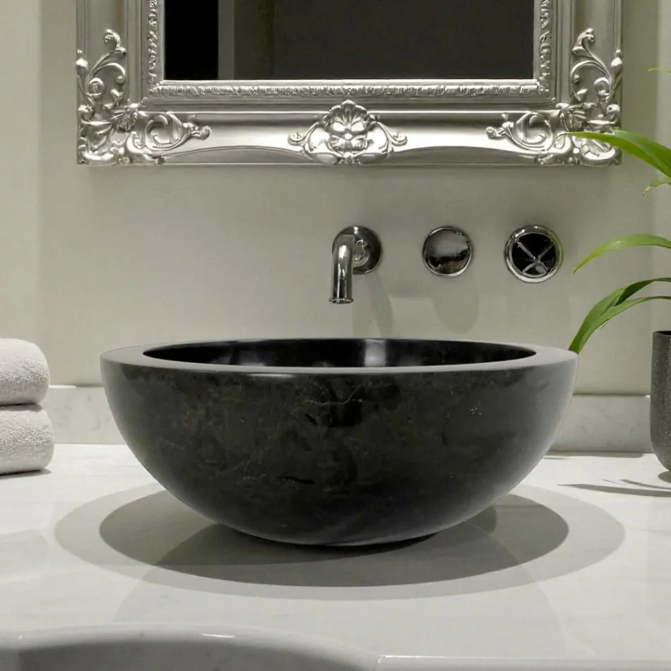 Schwarzes rundes Aufsatzwaschbecken aus Levi Naturstein, Einzelstück Viadurini