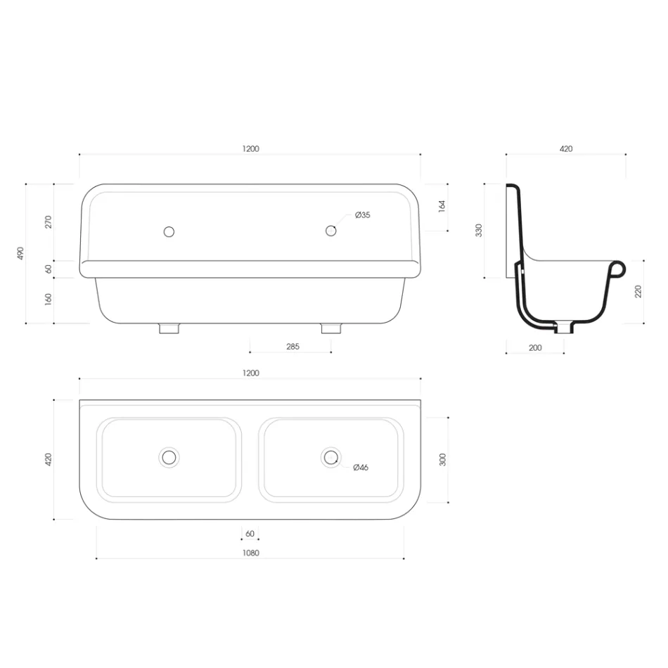 Vintage Doppelwaschbecken farbiges Keramikwaschbecken mit aufgehängtem Boden, Danny Viadurini