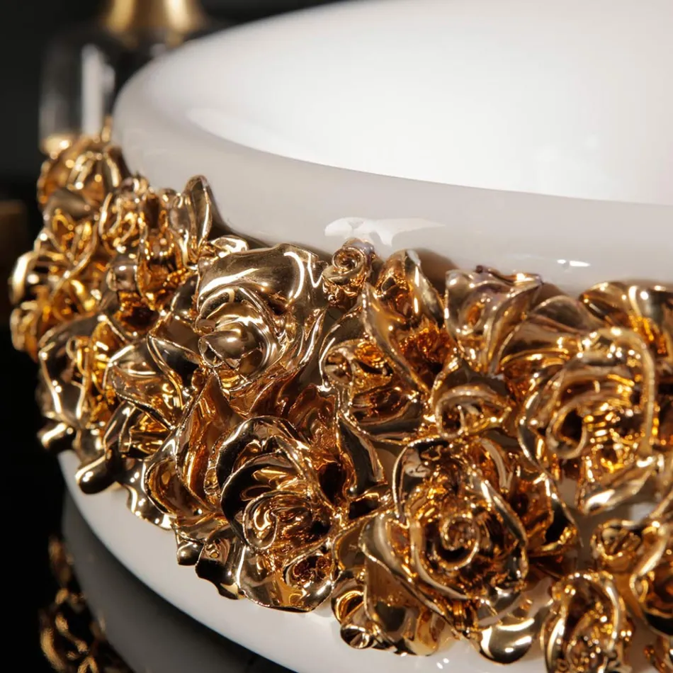 Porzellanwaschbecken mit handapplizierten Blütenblättern, hergestellt in Italien – Amarone Viadurini