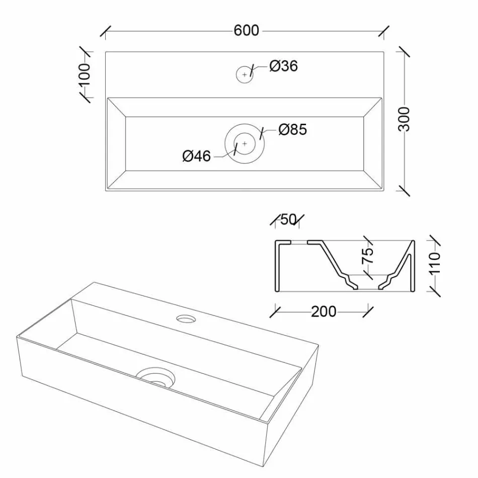 Moderner rechteckiger Aufsatz oder hängender Waschtisch 60x30 cm in Keramik - Akt Viadurini