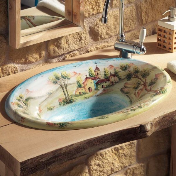 Halbeinbauwaschbecken aus schamott mit landschaft von deruta, hergestellt in italien – principe