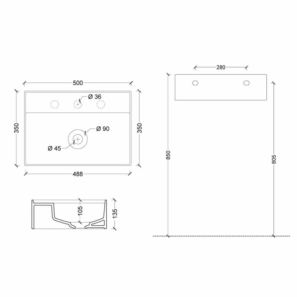 Hänge-Waschbecken aus Keramik Sun 50x35 cm, in verschiedenen Farben erhältlich Viadurini