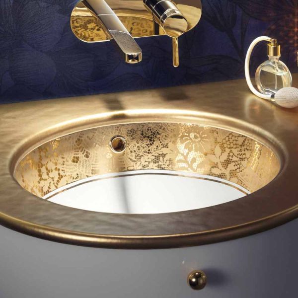 Einsatzwaschbecken barock aus fire clay und 24k gold handgemacht in italien, egeo