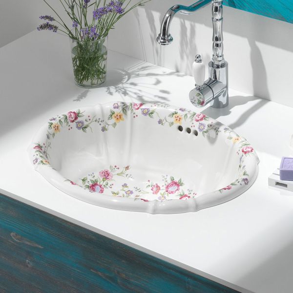 Handgegossenes vintage-porzellanwaschbecken mit blumen, hergestellt in italien – barbera