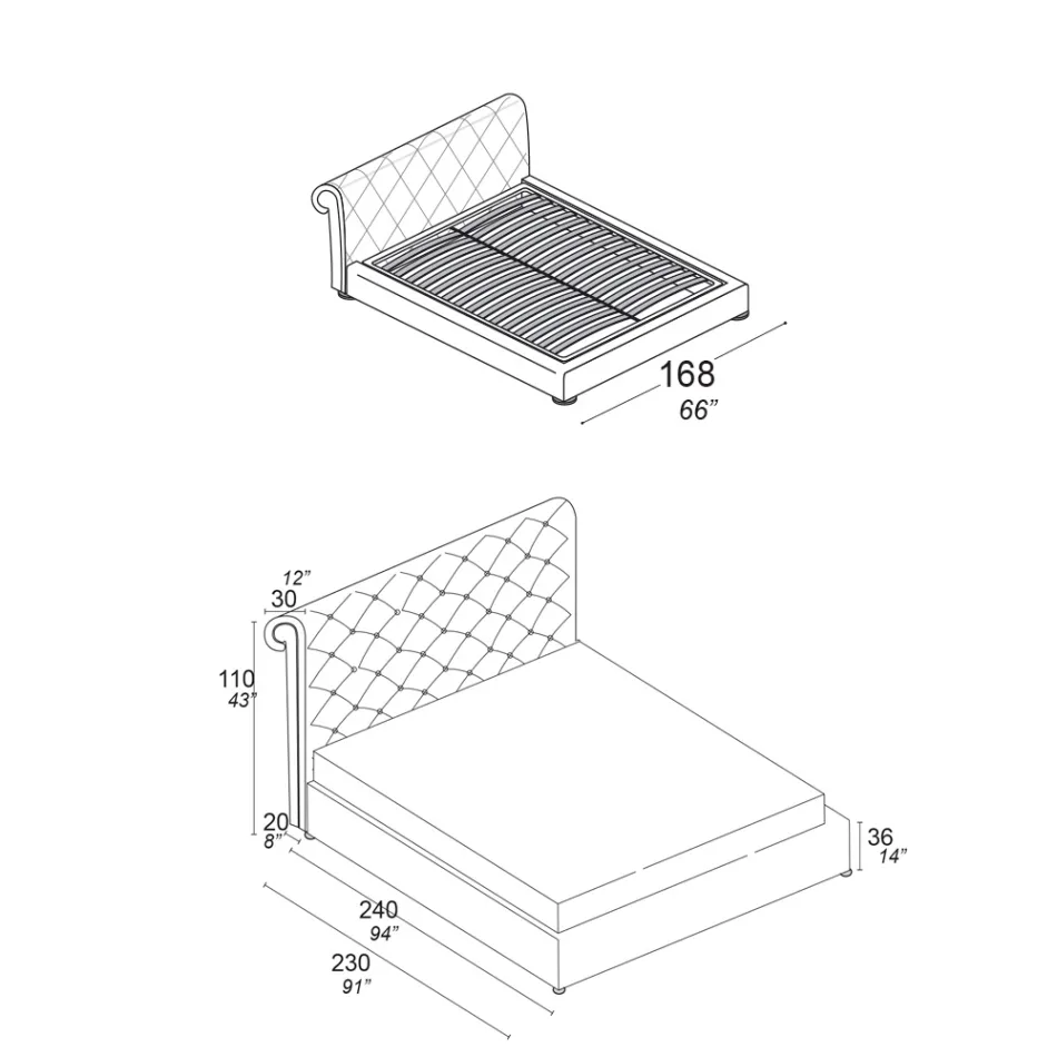 Doppelbett mit Capitonné-Polsterung und Holzfüßen - Briosco Viadurini