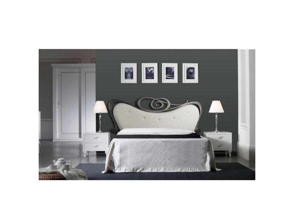 Doppelbett aus Eisen und echtem Leder, 2 Nachttische und Matratze – Gründe Viadurini