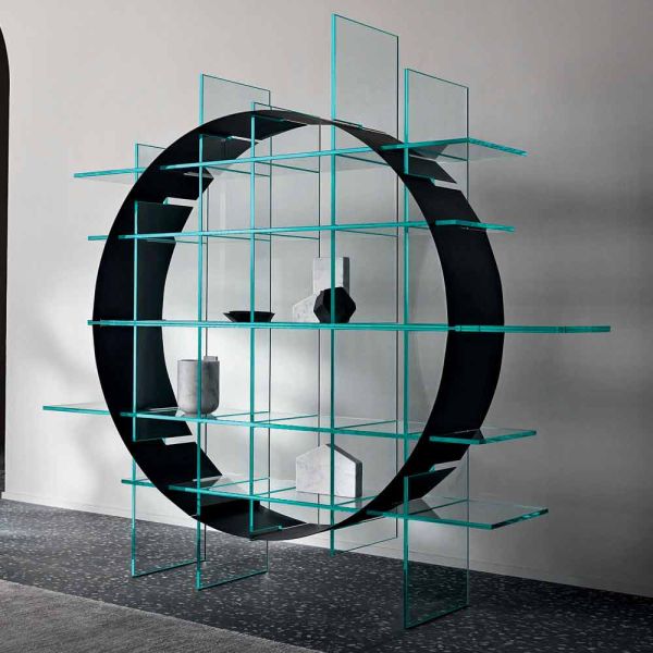Freistehendes circle bücherregal aus extraklarem glas und gebürstetem schwarz - marco