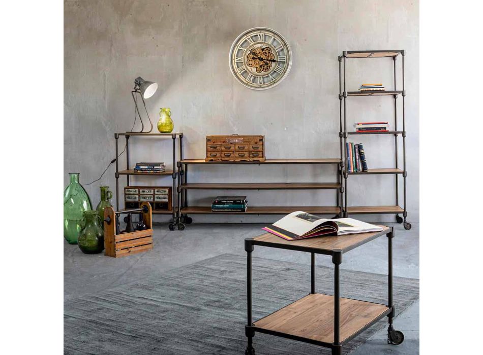 Bücherregal aus lackiertem Stahl mit Rädern und Regalen aus Teakholz Homemotion - Fulvia