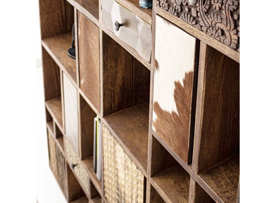 Bücherregal aus Mangoholz und recycelte Schubladen mit Homemotion-Dekorationen - Auriel