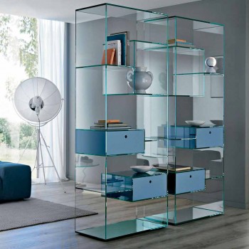 Doppeltes Wohnzimmer-Bücherregal aus extra klarem Glas mit oder ohne Schubladen - Linzy